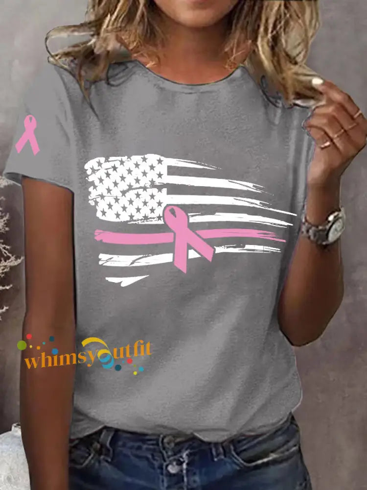 Women’s Pink Ribbon American Flag Breast Cancer Awareness Support Tee Light Gray / S