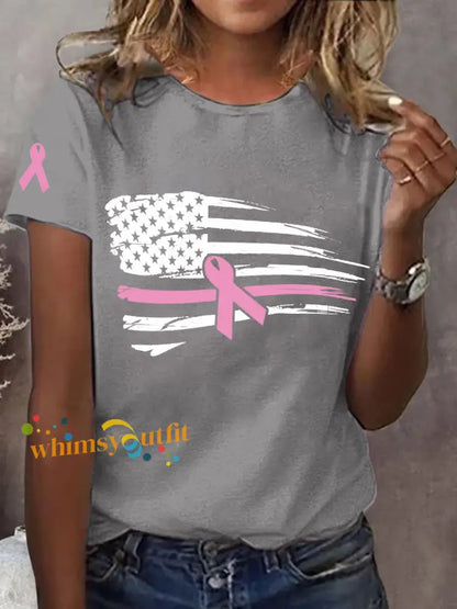 Women’s Pink Ribbon American Flag Breast Cancer Awareness Support Tee Light Gray / S