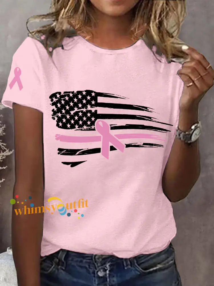 Women’s Pink Ribbon American Flag Breast Cancer Awareness Support Tee Light Pink / S