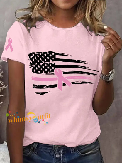 Women’s Pink Ribbon American Flag Breast Cancer Awareness Support Tee Light Pink / S