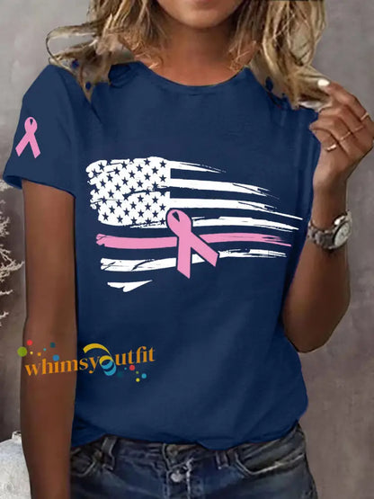 Women’s Pink Ribbon American Flag Breast Cancer Awareness Support Tee Navy Blue / S