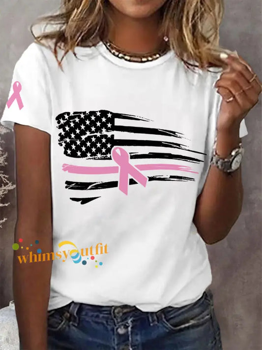 Women’s Pink Ribbon American Flag Breast Cancer Awareness Support Tee White / S