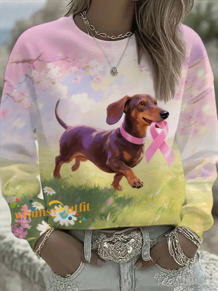 Women’s Pink Ribbon and Dog Print Casual Sweatshirt As picture / S