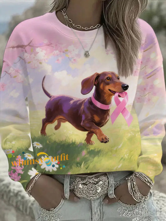 Women’s Pink Ribbon and Dog Print Casual Sweatshirt As picture / S