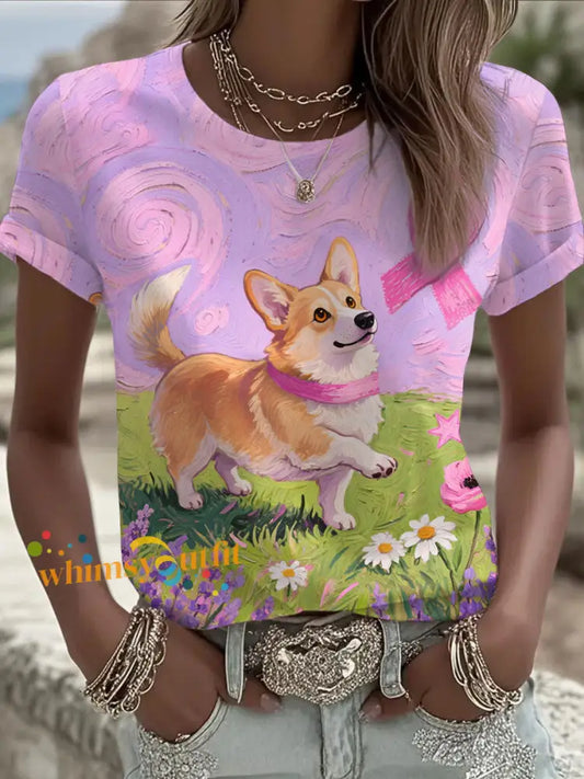 Women’s Pink Ribbon and Dog Print Casual T shirt As picture / S