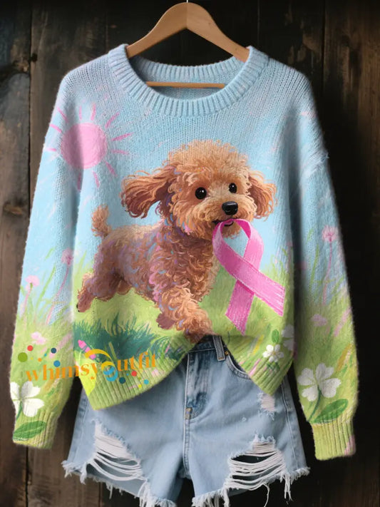Women’s Pink Ribbon and Dog Print Casual Top As picture / S