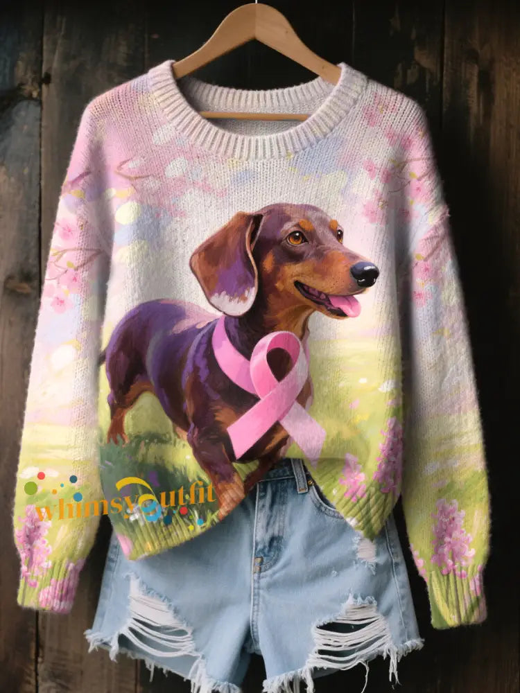 Women’s Pink Ribbon and Dog Print Casual Top As picture / S