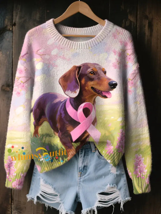 Women’s Pink Ribbon and Dog Print Casual Top As picture / S