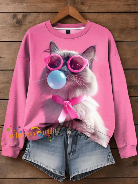 Women’s Pink Ribbon Animals Print Casual Sweatshirt As picture / S