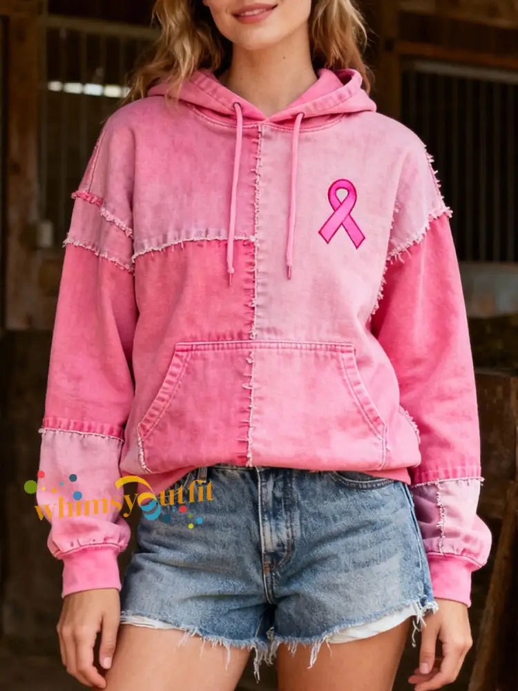 Women’s Pink Ribbon Embroidered Patchwork Hoodie Pink / S