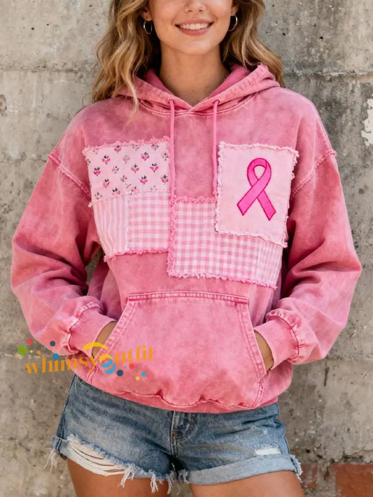 Women’s Pink Ribbon Embroidered Washed Hoodie Pink / S