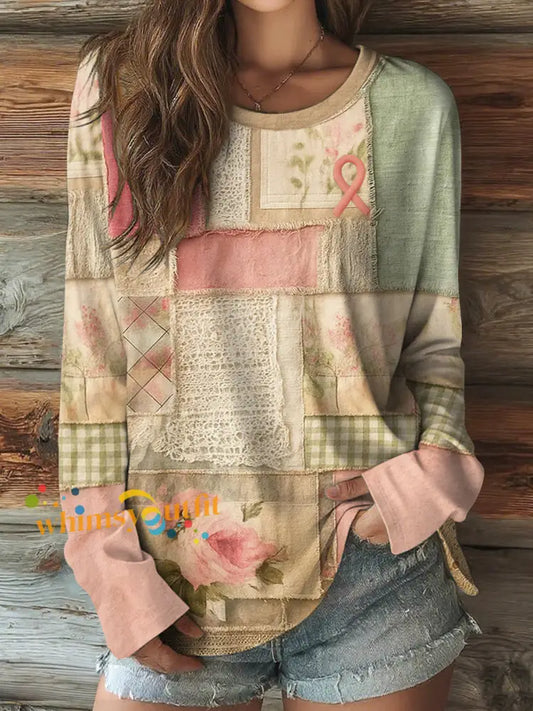 Women’s Pink Ribbon Floral Patchwork round neck long sleeve T shirt As picture / S