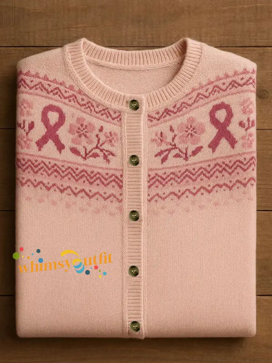 Women’s Pink Ribbon Floral Print Casual Cardigan Pink / S