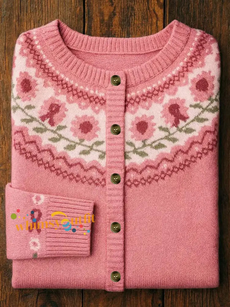 Women’s Pink Ribbon Floral Print Casual Cardigan Pink / S