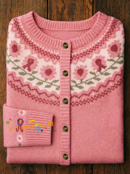 Women’s Pink Ribbon Floral Print Casual Cardigan Pink / S