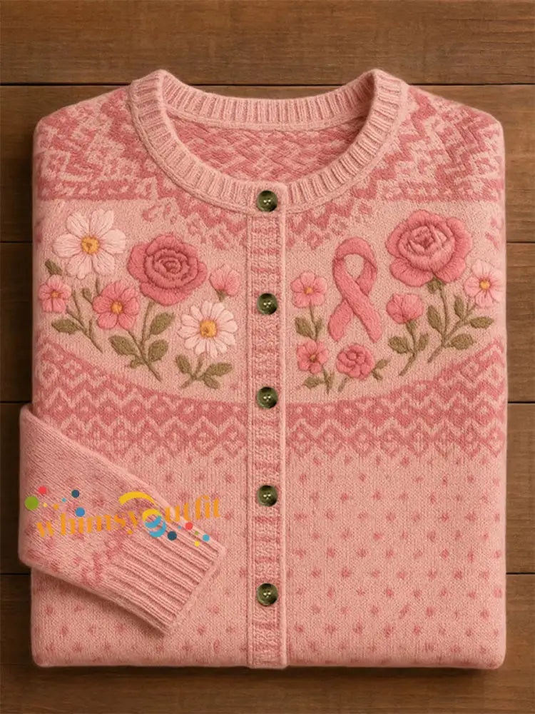 Women’s Pink Ribbon Floral Print Casual Cardigan Pink / S