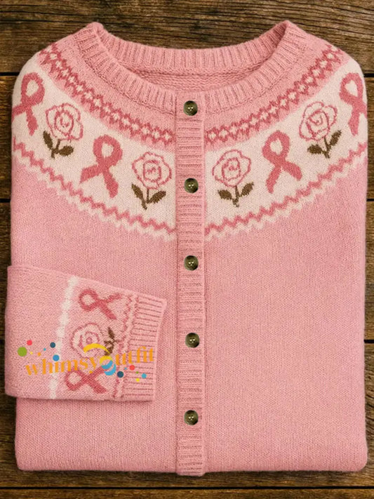 Women’s Pink Ribbon Floral Print Casual Cardigan Pink / S