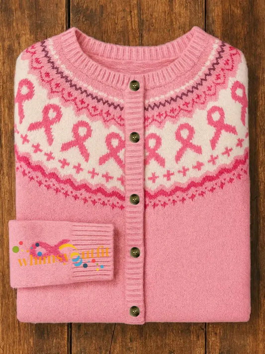 Women’s Pink Ribbon Floral Print Casual Cardigan Pink / S