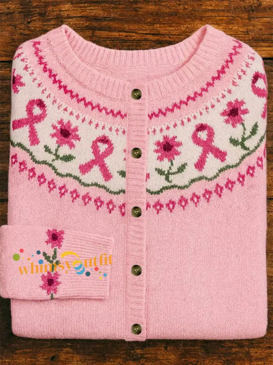 Women’s Pink Ribbon Floral Print Casual Cardigan Pink / S