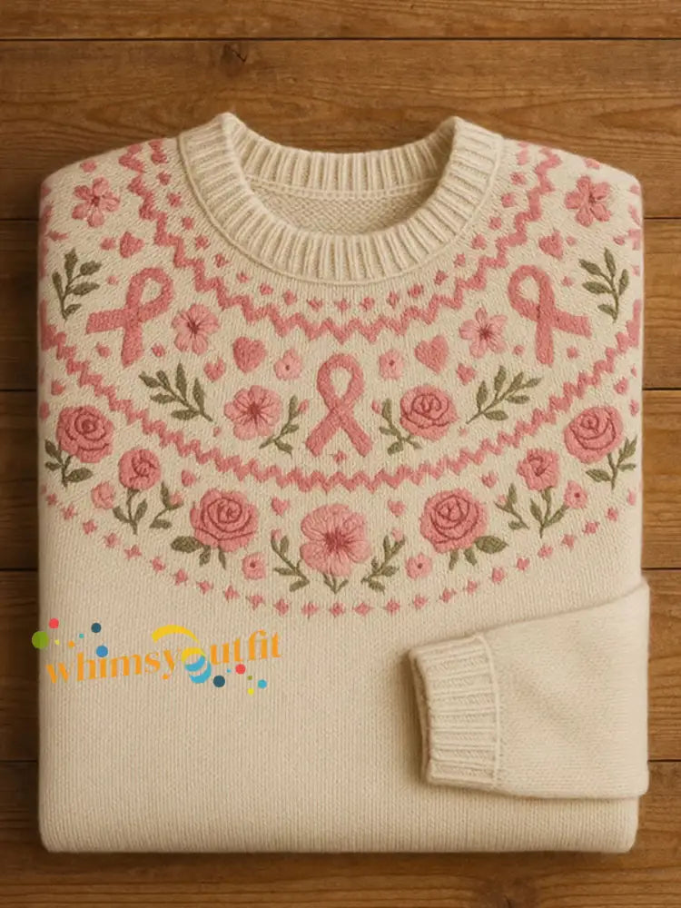 Women’s Pink Ribbon Floral Print Casual Top As picture / S