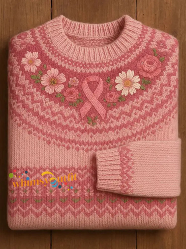 Women’s Pink Ribbon Floral Print Casual Top Pink / S