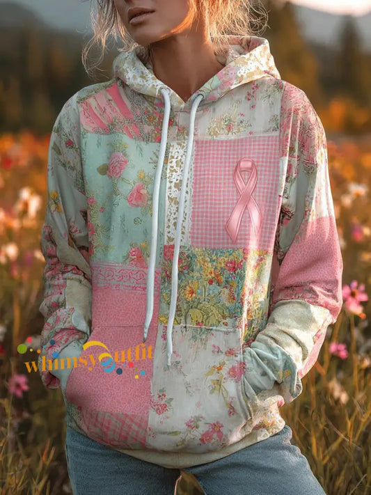 Women’s Pink Ribbon Hooded Sweatshirt with Pockets Pink / S