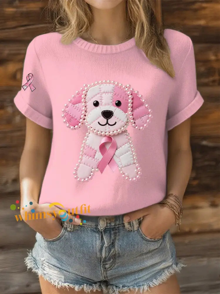Women’s Pink Ribbon Pearl Dog Print Casual T shirt Light Pink / S