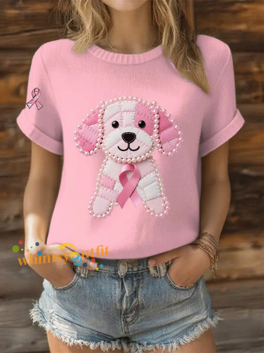 Women’s Pink Ribbon Pearl Dog Print Casual T shirt Light Pink / S