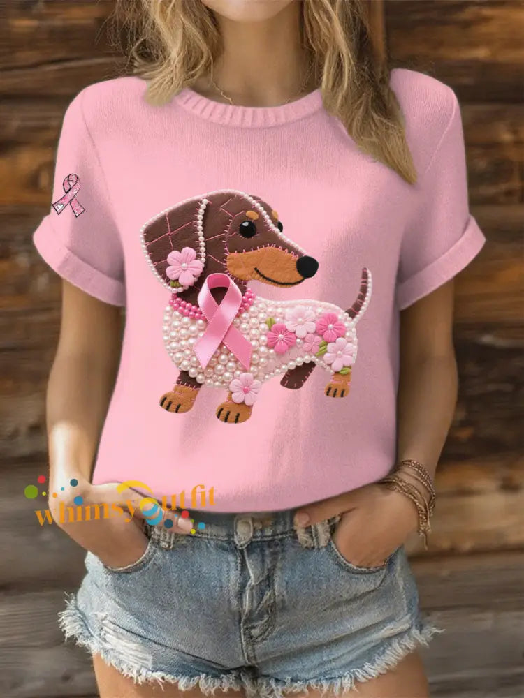 Women’s Pink Ribbon Pearl Dog Print Casual T shirt Light Pink / S
