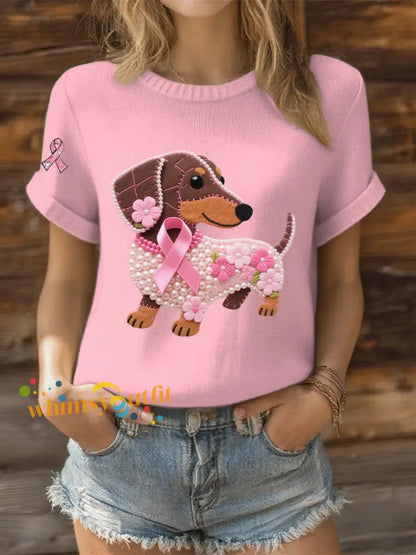 Women’s Pink Ribbon Pearl Dog Print Casual T shirt Light Pink / S