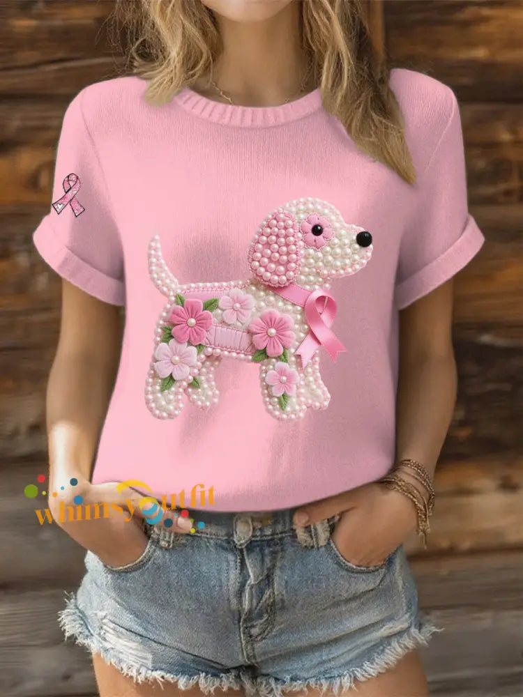 Women’s Pink Ribbon Pearl Dog Print Casual T shirt Light Pink / S