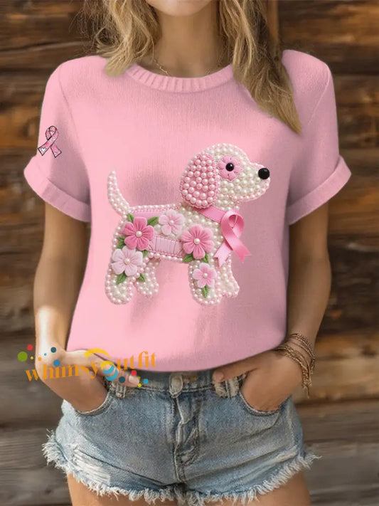 Women’s Pink Ribbon Pearl Dog Print Casual T shirt Light Pink / S