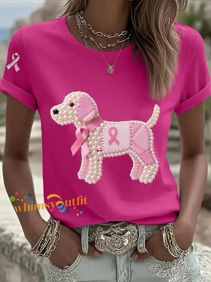 Women’s Pink Ribbon Pearl Dog Print Casual T shirt Rose Red / S