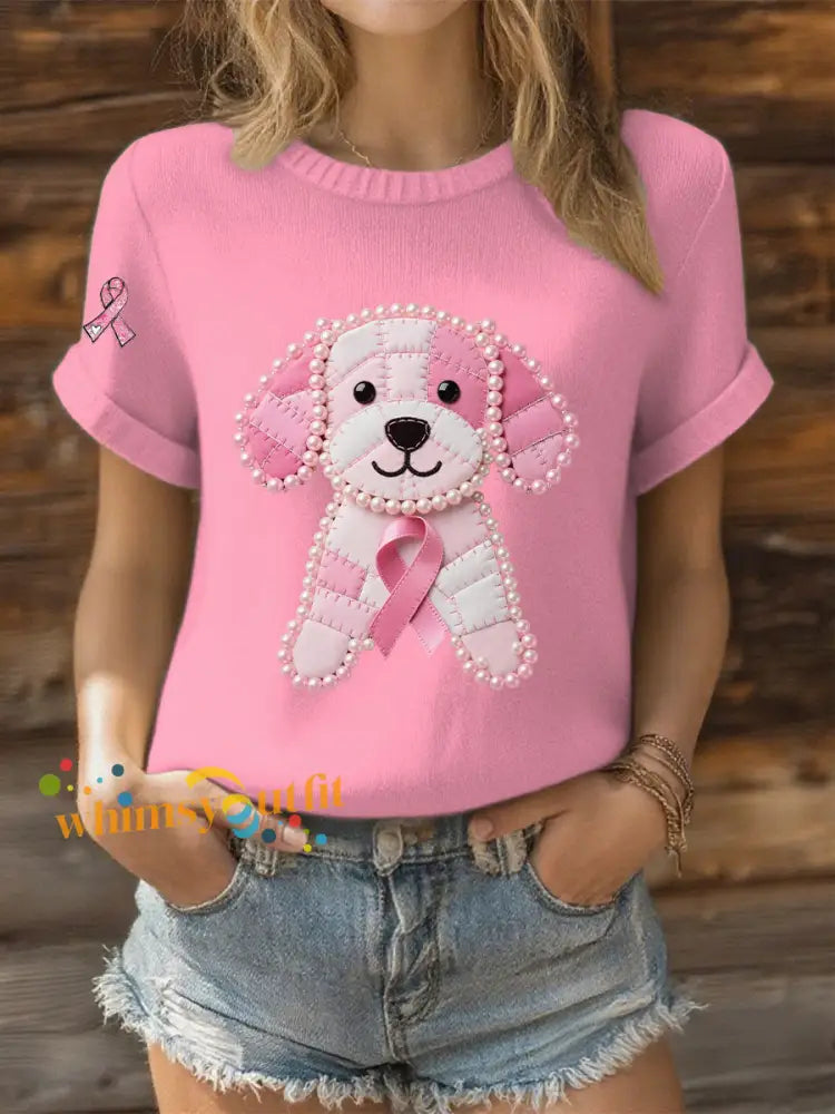 Women’s Pink Ribbon Pearl Dog Print Casual T shirt Pink / S