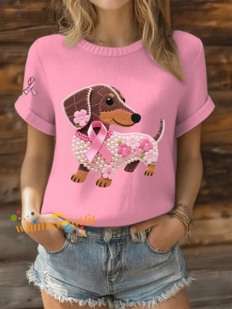 Women’s Pink Ribbon Pearl Dog Print Casual T shirt Pink / S