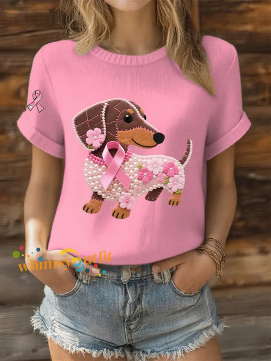 Women’s Pink Ribbon Pearl Dog Print Casual T shirt Pink / S