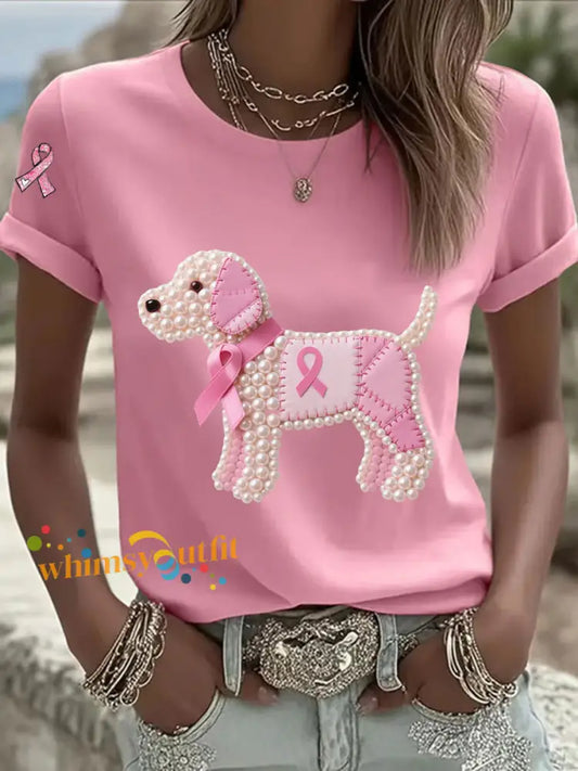 Women’s Pink Ribbon Pearl Dog Print Casual T shirt Pink / S