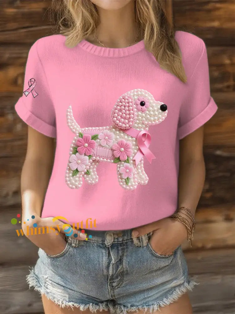 Women’s Pink Ribbon Pearl Dog Print Casual T shirt Pink / S