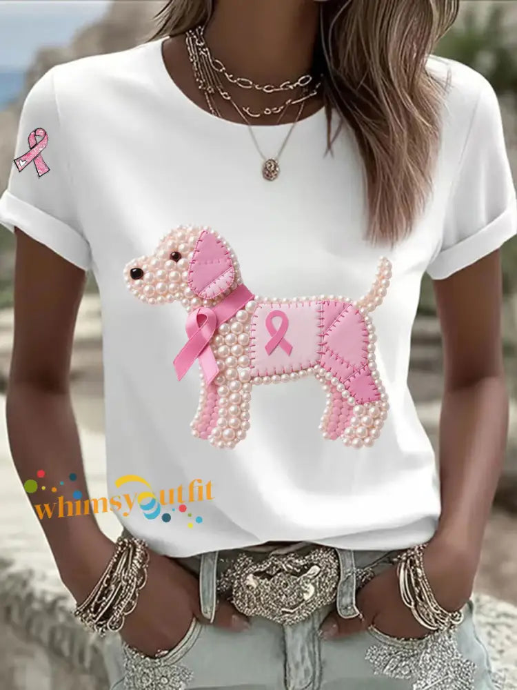 Women’s Pink Ribbon Pearl Dog Print Casual T shirt White / S