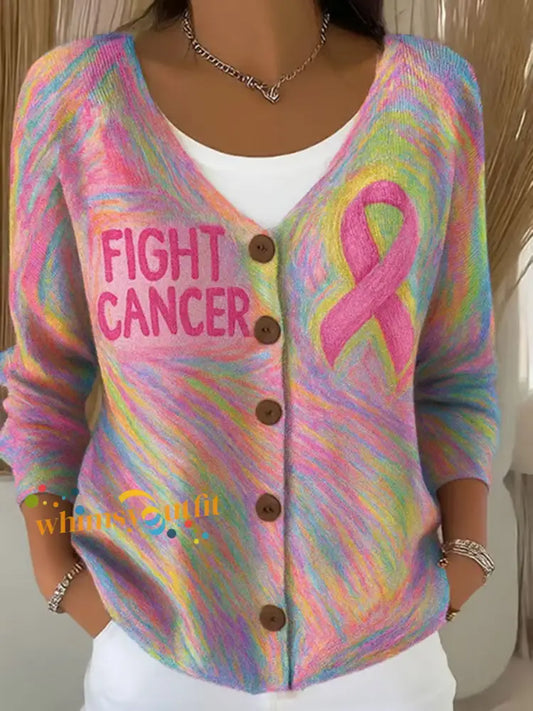 Women’s Pink Ribbon Print Casual Cardigan Pink / S