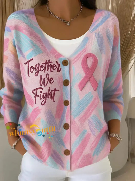 Women’s Pink Ribbon Print Casual Cardigan Pink / S