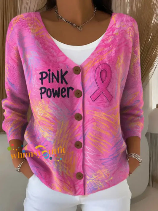 Women’s Pink Ribbon Print Casual Cardigan Pink / S
