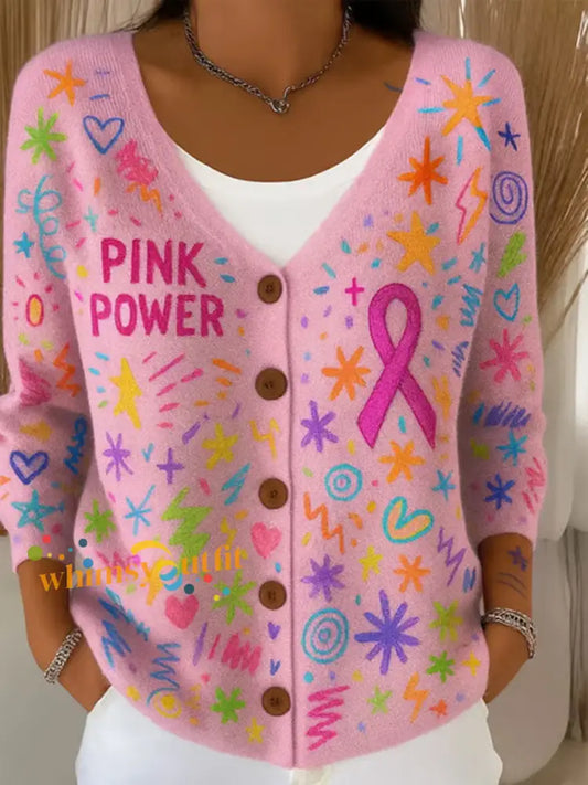 Women’s Pink Ribbon Print Casual Cardigan Pink / S