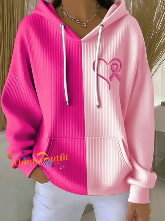Women’s Pink Ribbon Print Casual Hoodie Pink / S