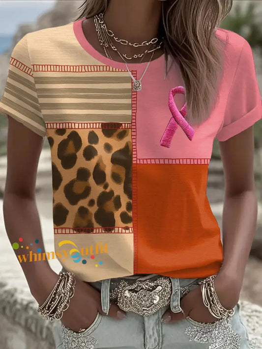 Women’s Pink Ribbon Print Casual T shirt As picture / S