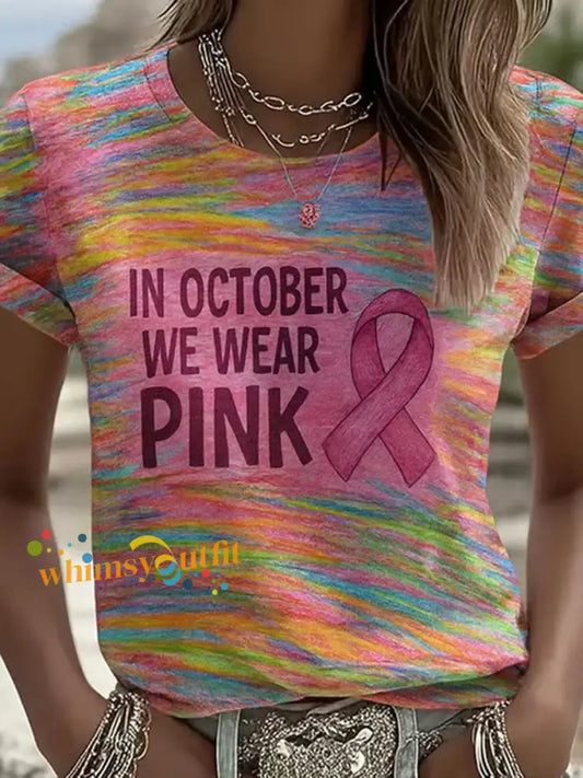 Women’s Pink Ribbon Print Casual T shirt As picture / S