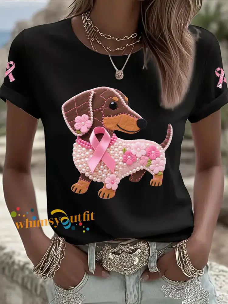Women’s Pink Ribbon Print Casual T shirt Black / S