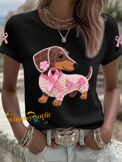 Women’s Pink Ribbon Print Casual T shirt Black / S