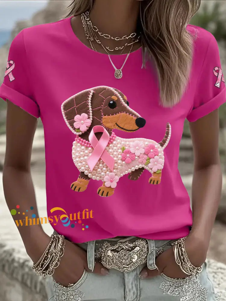 Women’s Pink Ribbon Print Casual T shirt Rose Red / S