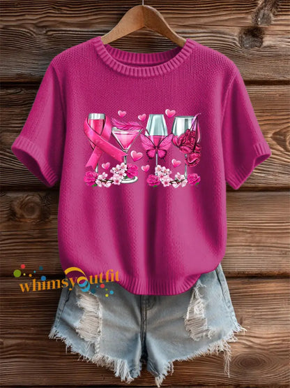 Women’s Pink Ribbon Print Casual T shirt Rose Red / S
